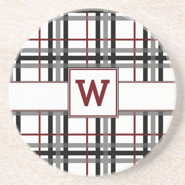 Black White and Red Plaid Sandstone Coaster (Front)