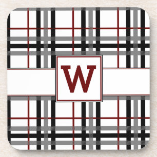 Black White and Red Plaid Square Coaster