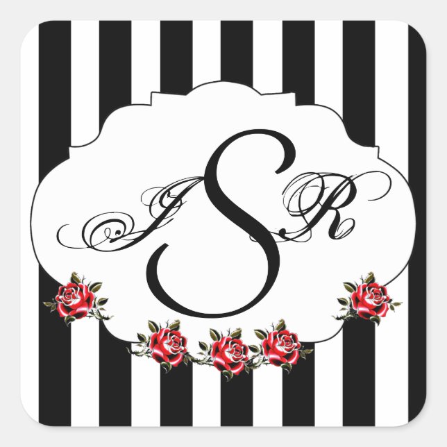 Black White and Red Rose Wedding Monogram Square Sticker (Front)