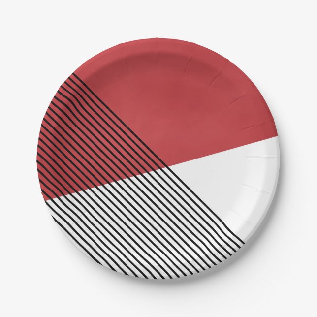 Black, white and red simple geometric art paper plate (Front)
