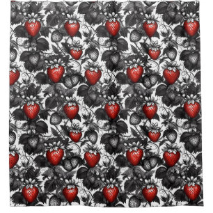 Black, White, and Red Strawberries All Over Shower Curtain