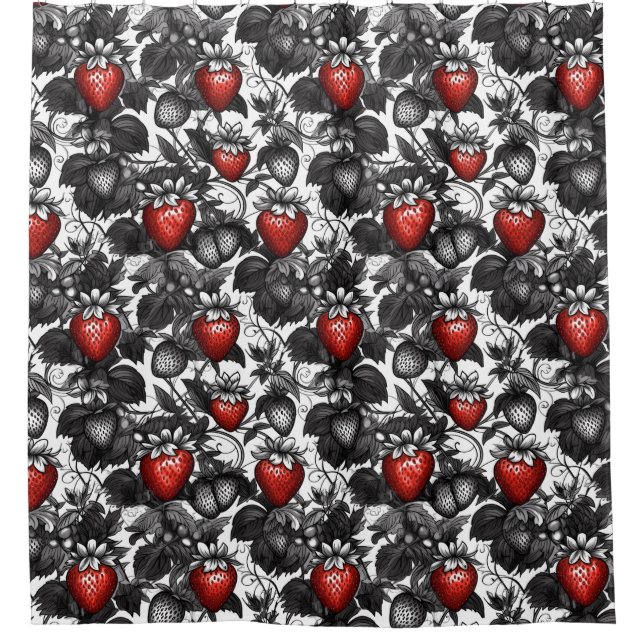 Black, White, and Red Strawberries All Over Shower Curtain (Front)