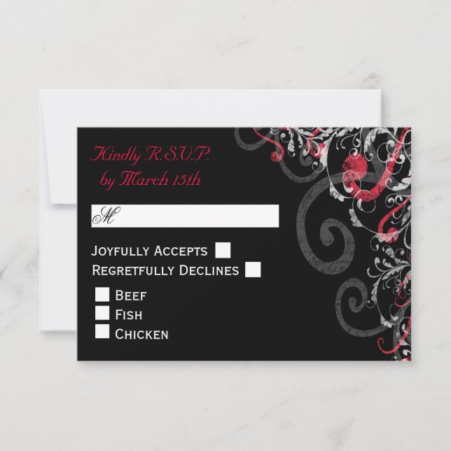 Black, White, and Red Swirl wedding RSVP Card (Front)