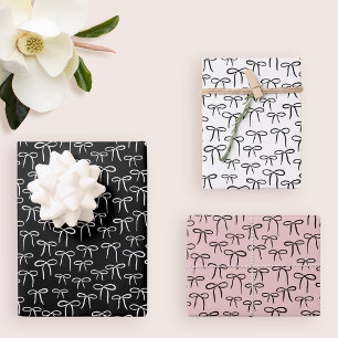 Black White and Rose Simple Bows Pattern Wrapping Paper Sheet