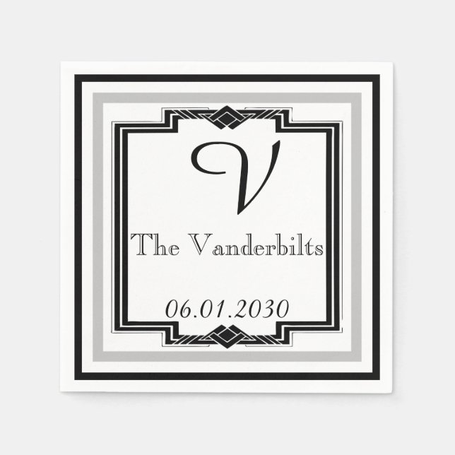 Black, White and Silver Art Deco Frame Wedding Napkin (Front)
