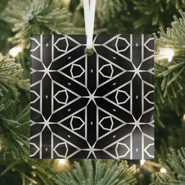 Black White and Silver Geometric pattern Glass Tree Decoration (Insitu)