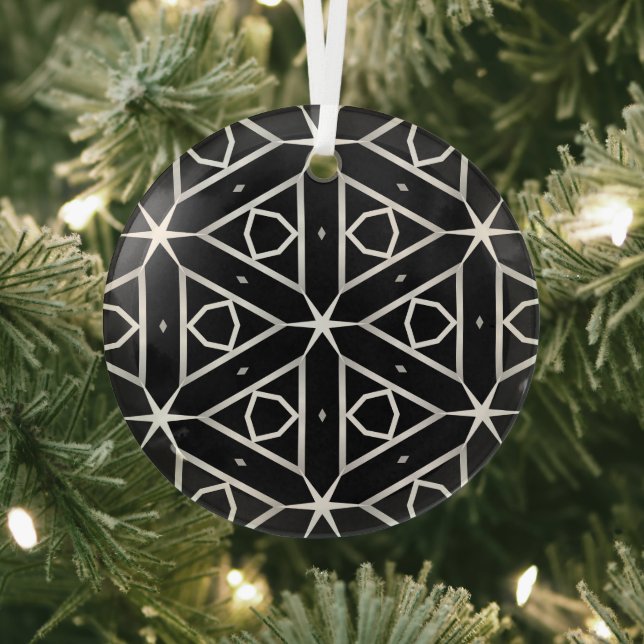 Black White and Silver Geometric pattern Glass Tree Decoration (Insitu)