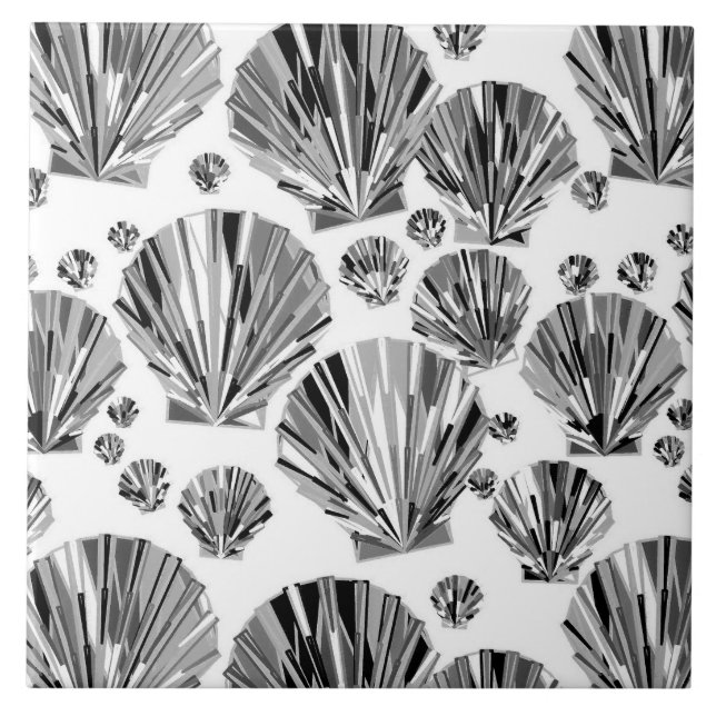 Black, White and Silver Grey Sea Shells Ceramic Ti Tile (Front)