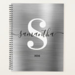 Black White and Silver Modern Style Monogram Planner<br><div class="desc">Black and white monogram with a trendy style modern calligraphy and elegant modern font. 
Increase or decrease the font size as needed for your monogram.
Keep the school year date format,  or change to suit your needs.
Black,  white and faux silver grey gradient ombre foil personalised planner for her.</div>