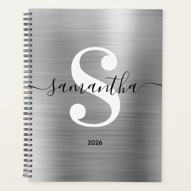 Black White and Silver Modern Style Monogram Planner (Front)