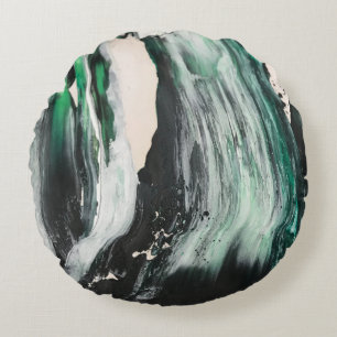 Black, white, and teal abstract painting round cushion
