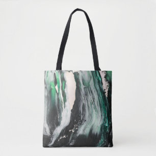 Black, white, and teal abstract painting tote bag