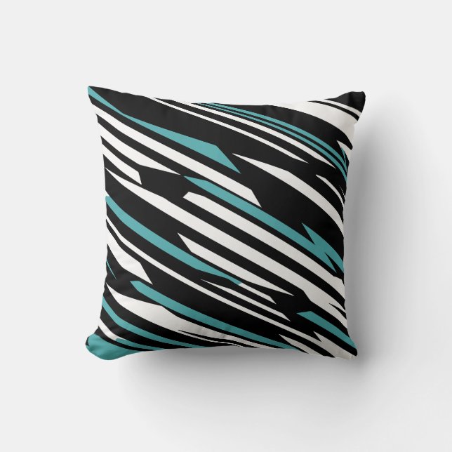 Black, White, and Teal Linear Abstract Pattern Cushion (Front)