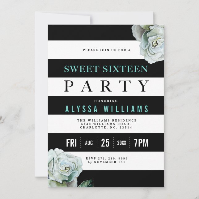 Black White and Teal Roses Sweet 16 Party Invitation (Front)