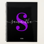 Black White and Violet Modern Style Monogram Planner<br><div class="desc">A personalised monogram in a white trendy style modern calligraphy paired with a bright violet purple elegant modern font. 
Increase or decrease the font size as needed for your monogram.
Customise the minimalist solid black background colour.
Keep the school year date format,  or change to suit your needs.</div>