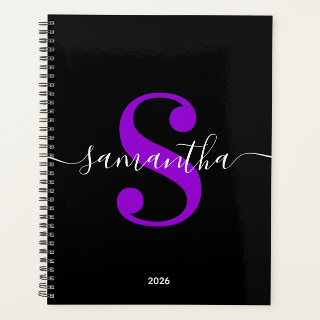 Black White and Violet Modern Style Monogram Planner (Front)