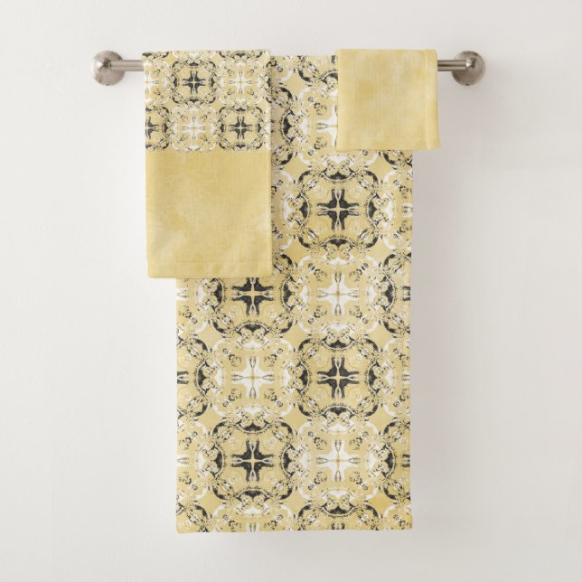 Black, White, and Yellow Chequered Pattern Bath Towel Set (Insitu)