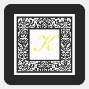 Black, White, and Yellow Damask Monogram Sticker