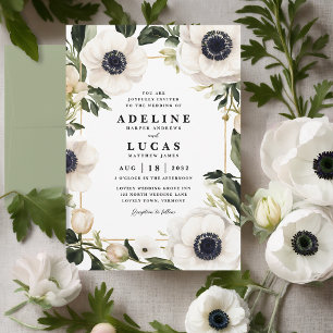 Black & White Anemone Flower Ivory Floral Wedding Invitation