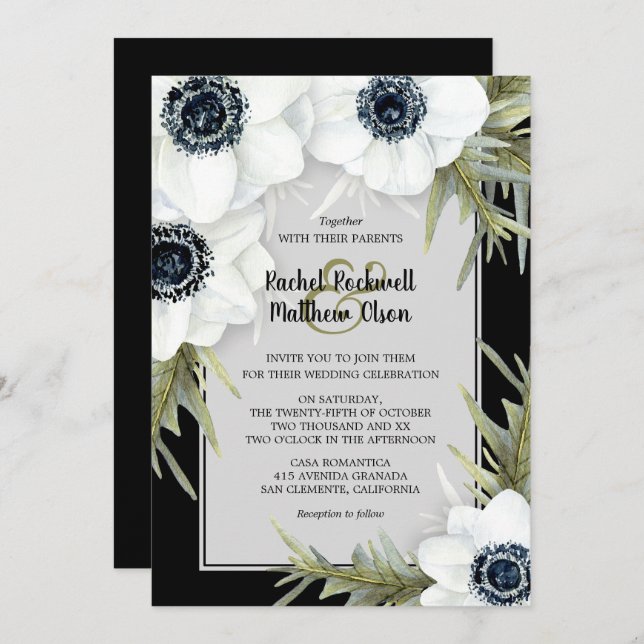Black & White Anemones Botanical Wedding Invites (Front/Back)