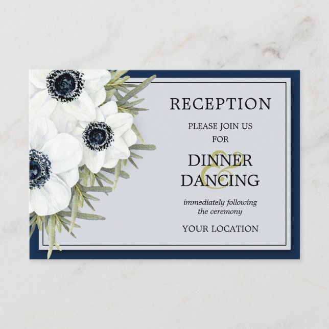 Black White Anemones Botanical Wedding Reception Enclosure Card (Front)