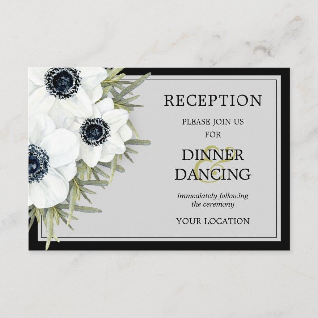 Black & White Anemones Botanical Wedding Reception Enclosure Card (Front)