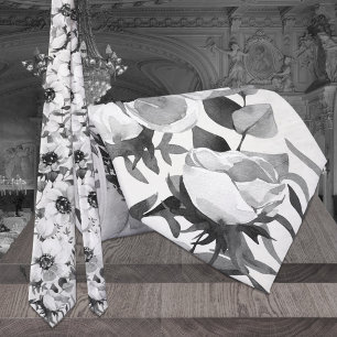 Black & White Anemones Eucalyptus Floral Wedding Tie