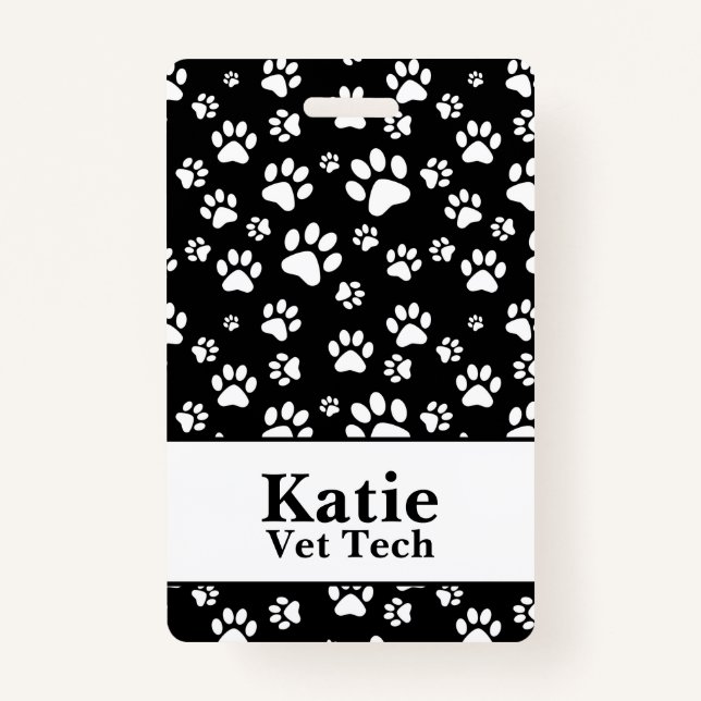 Black & White Animal Paw Print Monogram ID Badge (Front)