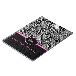 Black & White Animal Print  Zebra Pattern Monogram Spiral Notebook