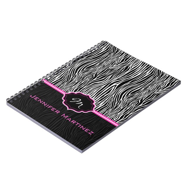 Black & White Animal Print  Zebra Pattern Monogram Spiral Notebook (Left Side)