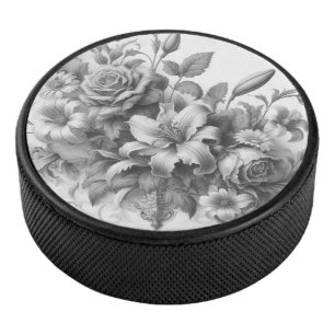 Black & White Antique Floral Perfection Hockey Puck