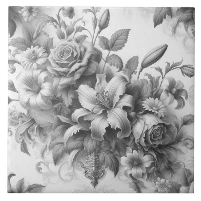 Black & White Antique Floral Perfection Tile (Front)