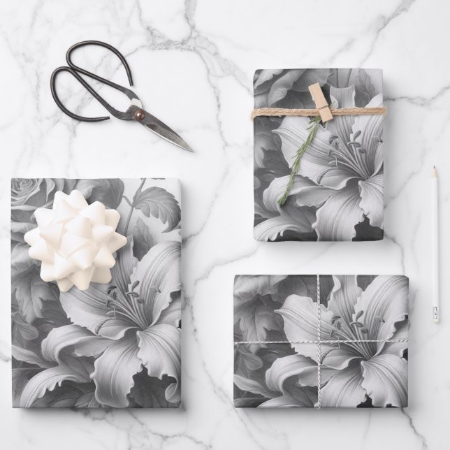 Black & White Antique Floral Perfection Wrapping Paper Sheet (Front)