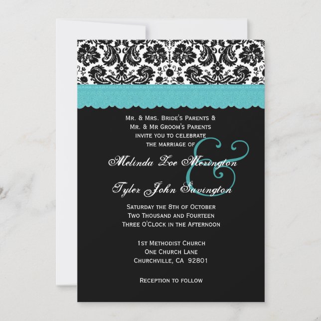 Black White Aqua Lace Flower Damask Wedding V21 Invitation (Front)