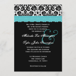 Black White Aqua Lace Flower Damask Wedding V21 Invitation