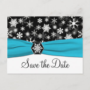Black, White, Aqua Snowflakes Save the Date Card
