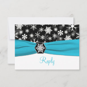 Black, White, Aqua Snowflakes Wedding Reply Card