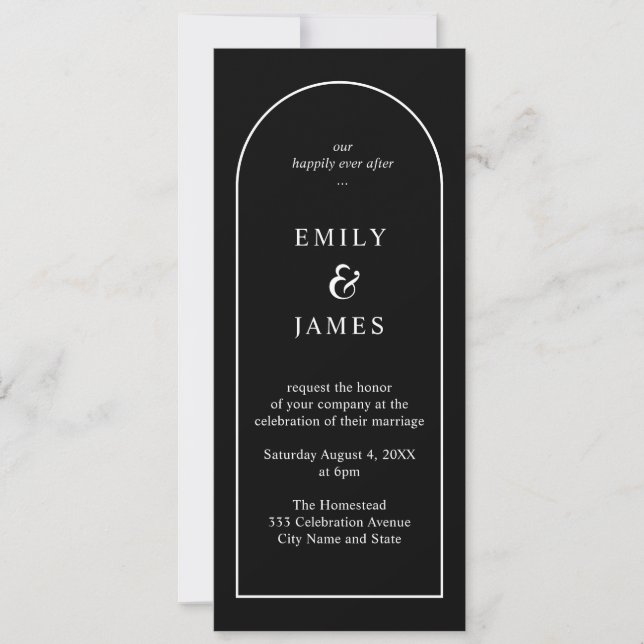Black & White Arch Minimalist Long Wedding Invitation (Front)