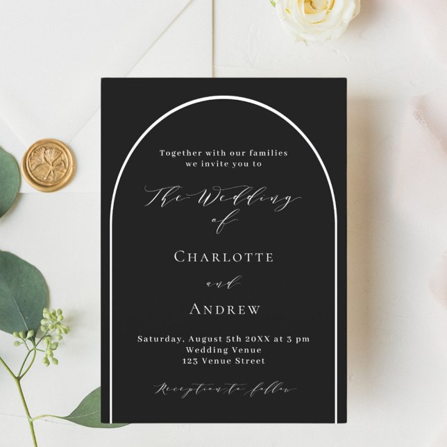 Black white arch modern script luxury wedding invitation (Creator Uploaded)
