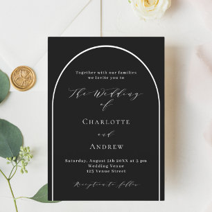 Black white arch modern script wedding invitation