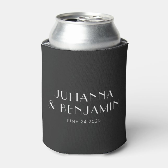Black White Art Deco Modern Personalised Wedding Can Cooler (Can Front)