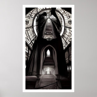 Black & White Art Deco Stairways To Where? Poster