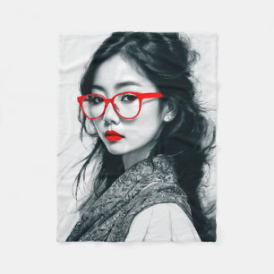 Black White Asian Lady Portrait Red Lips And Glass Fleece Blanket
