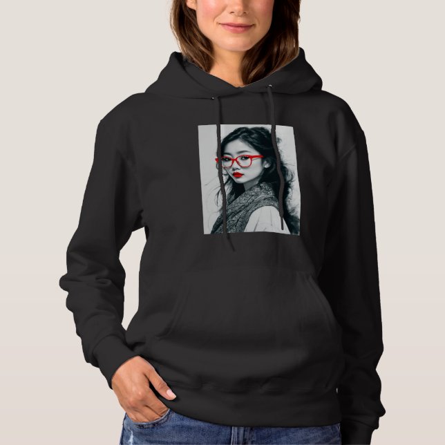 Black White Asian Lady Portrait Red Lips And Glass Hoodie (Front)