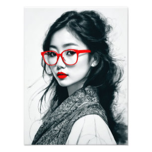 Black White Asian Lady Portrait Red Lips And Glass Photo Print