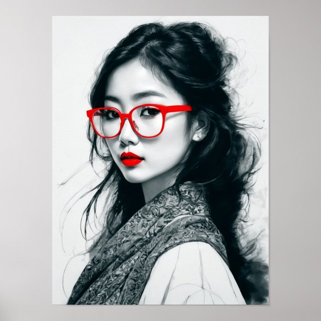 Black White Asian Lady Portrait Red Lips And Glass Poster (Front)