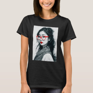Black White Asian Lady Portrait Red Lips And Glass T-Shirt