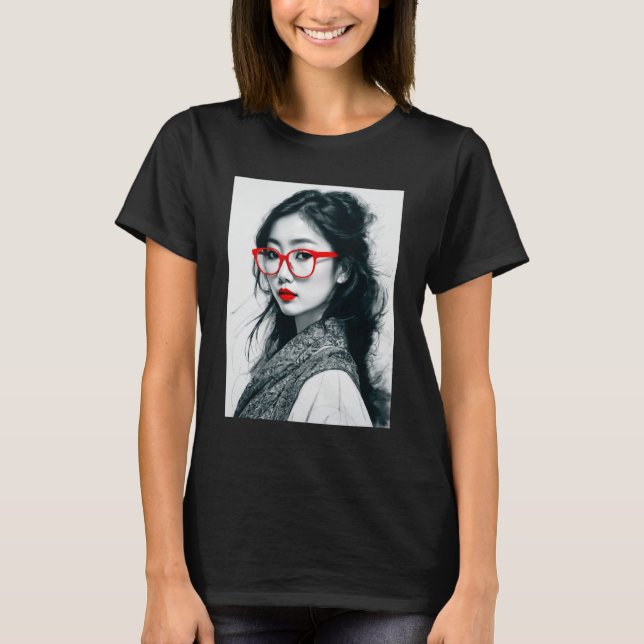 Black White Asian Lady Portrait Red Lips And Glass T-Shirt (Front)