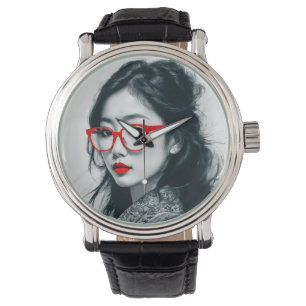 Black White Asian Lady Portrait Red Lips And Glass Watch