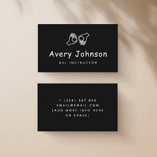 Black & White ASL Instructor Sign Language Teacher Business Card